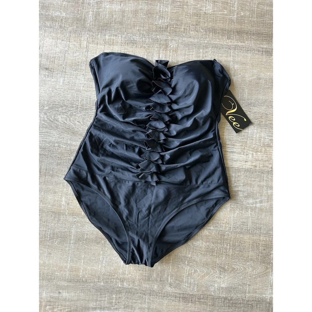 ▶️ Black One Piece Swimsuit Womens 22 Plus Ruffle Bandeau Convertible Resort NWT - Picture 2 of 14